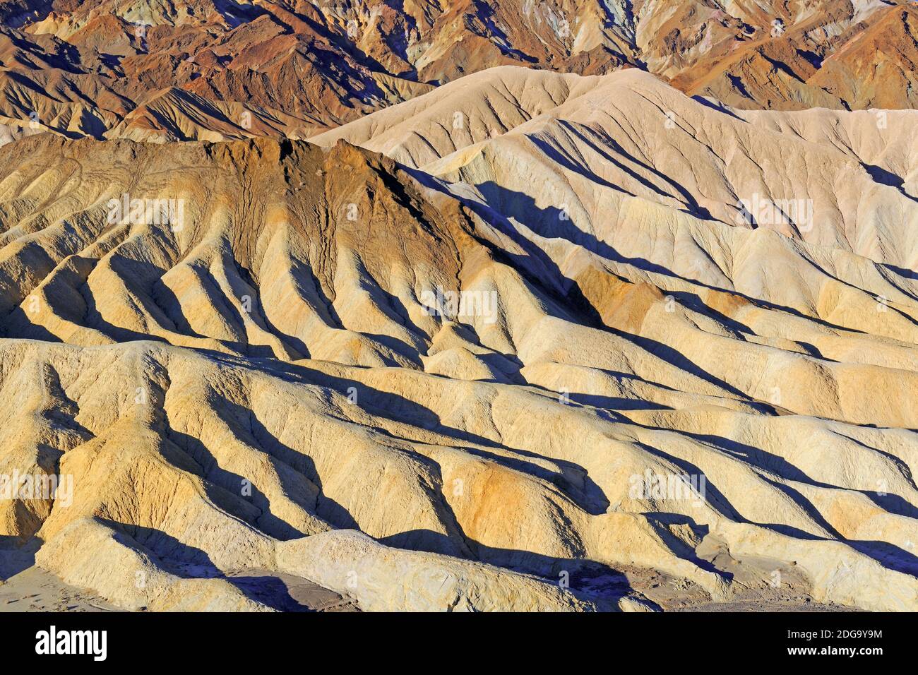 Farbige Gesteinsformationen bei Sonnenaufgang am Zabriske Point, Death Valley Nationalpark, Kalifornien, Stati Uniti Foto Stock
