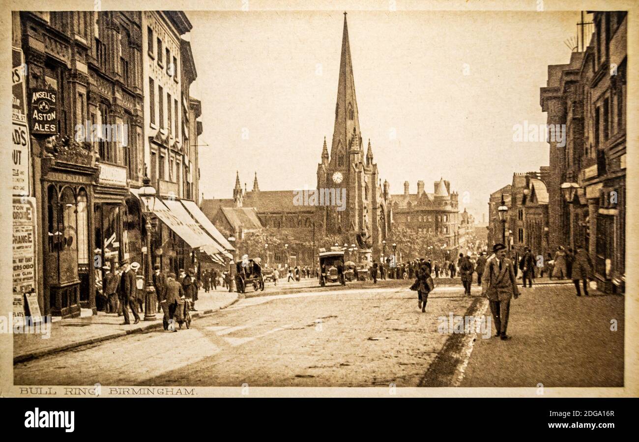 Birmingham Bull Ring vista di St Martins Church, cartolina d'epoca circa 1905 Foto Stock