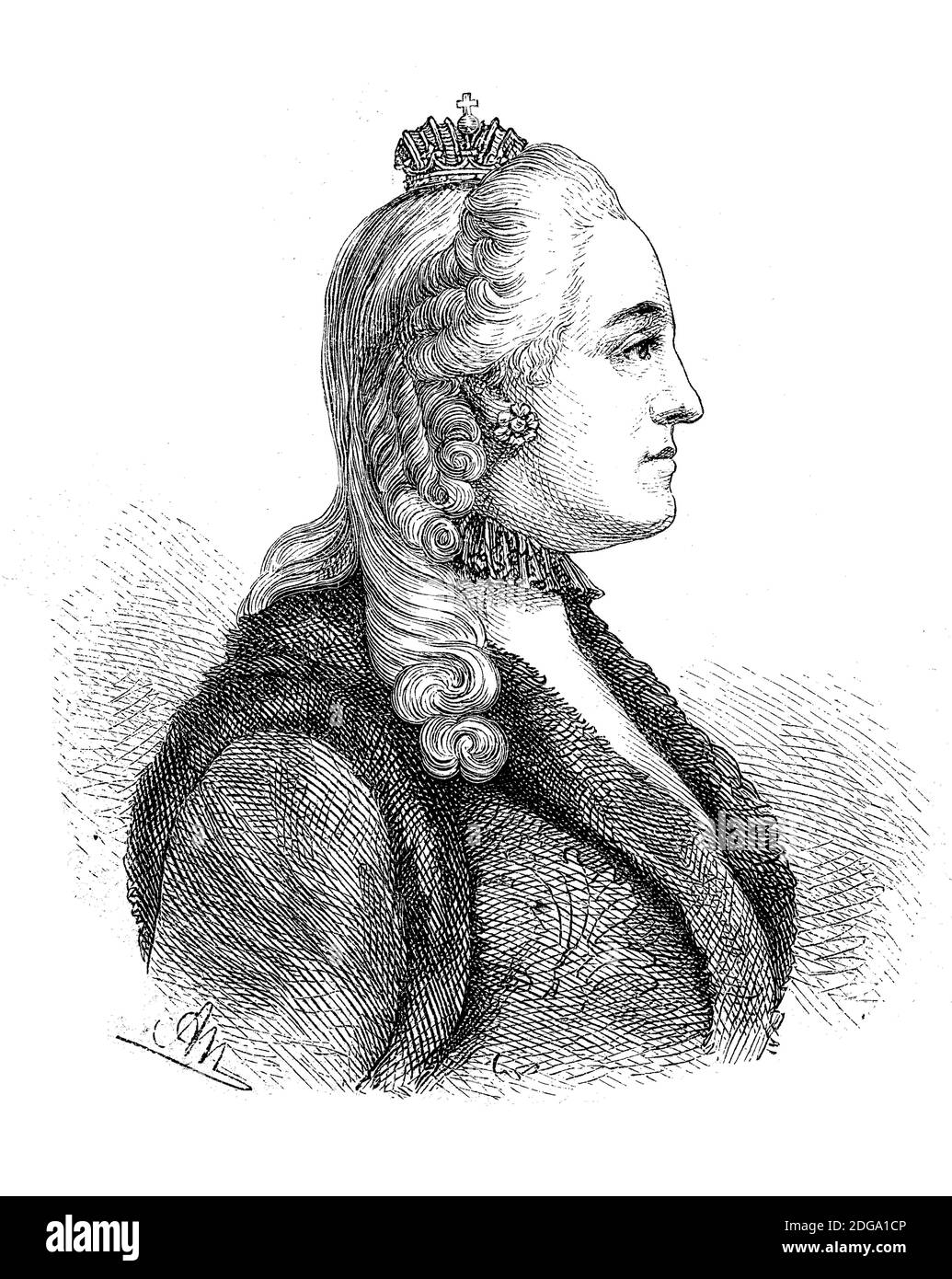 Caterina II, chiamata Caterina la Grande, 2 maggio 1729 - 1796 novembre, è stata imperatrice della Russia dal 9 luglio 1762 / Katharina II., genannt Katharina die Große, 2. Dal 1729 al 17 maggio. Novembre 1796, guerra ab dem 9. Juli 1762 Kaiserin von Russland, Historisch, storico, digitale riproduzione migliorata di un originale del 19 ° secolo / digitale Reproduktion einer Originalvorlage aus dem 19. Jahrhundert Foto Stock