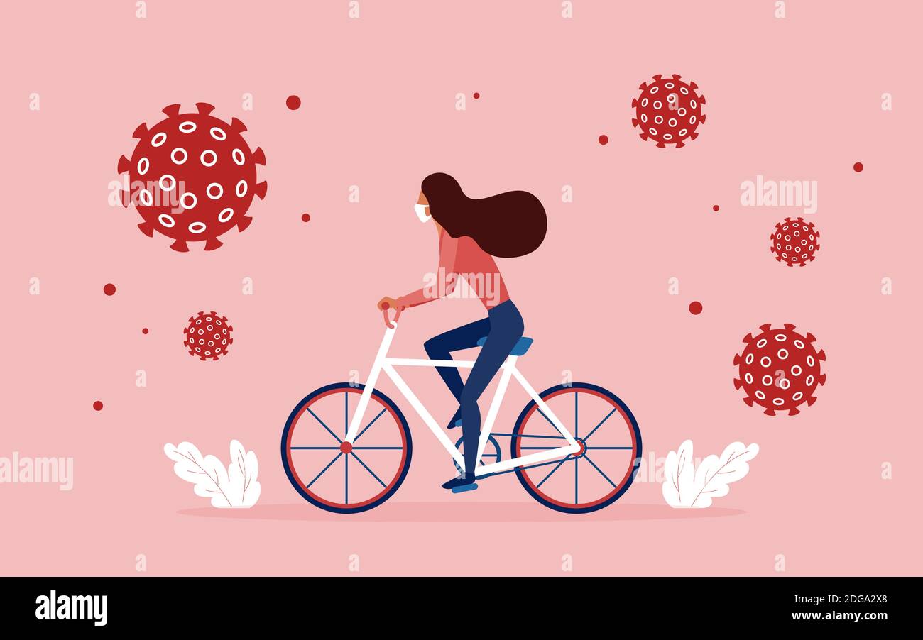 Ragazza che indossa una maschera medica che protegge contro il coronavirus, bicicletta da corsa illustrazione vettoriale. Cartone animato personaggio donna ciclismo all'aperto, utilizzando misure di protezione, covid19 concetto di prevenzione sfondo Illustrazione Vettoriale