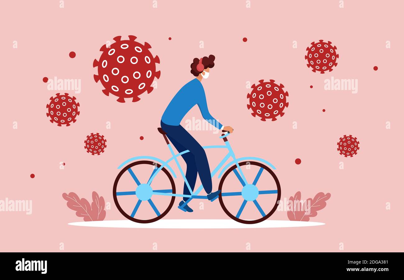 Illustrazione vettoriale del concetto di protezione del coronavirus. Personaggio del ciclista uomo Cartoon in maschera medica ciclando, protezione del viso da infezione virale cellule con maschera, pandemia prevenzione misurare sfondo Illustrazione Vettoriale