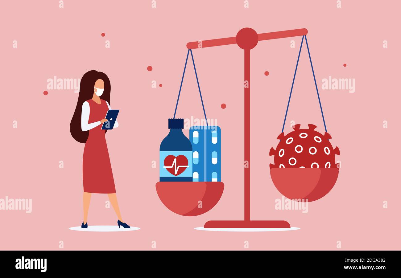 L'illustrazione del vettore di concetto di trattamento delle pillole di farmaco del coronavirus. Cartoon piccolo medico in piedi vicino a grandi scale sbilanciate con virus corona covid19 cellule e capsule di farmaci da sfondo farmacia Illustrazione Vettoriale