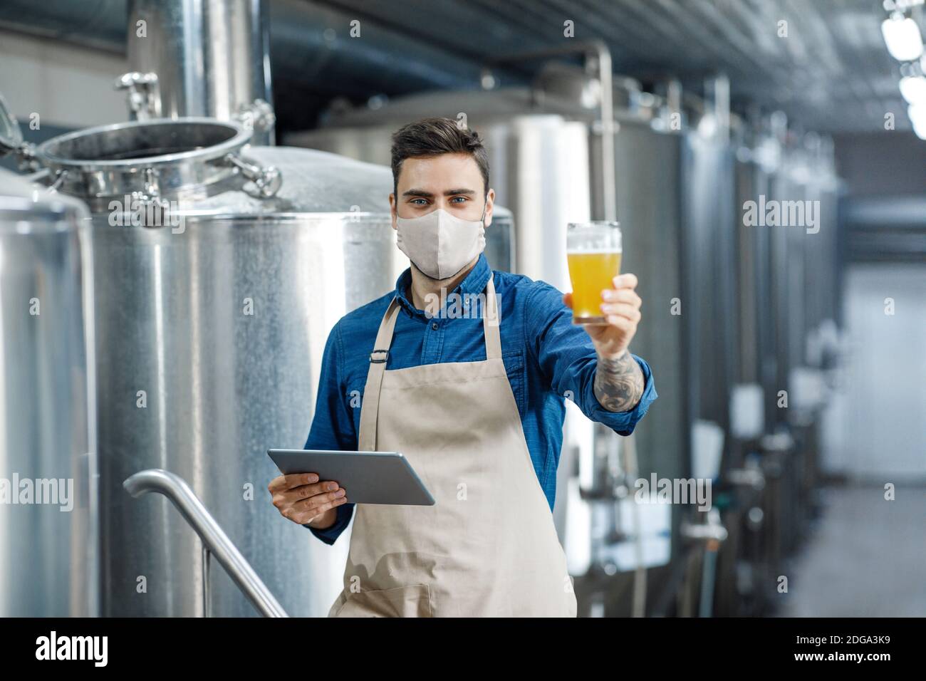 Controllo della qualità delle bevande e del colore presso la moderna birreria Foto Stock