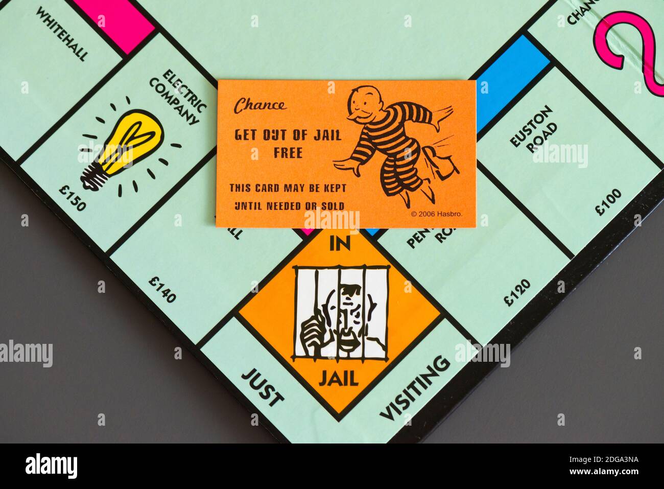 Una Chance uscire di Jail carta libera su un Monopoly board accanto alla piazza in Gaol/Just Visiting Foto Stock