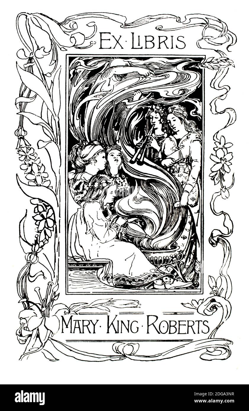 Bookplate design per Mary King Roberts, South Kensington (Victoria and Albert) Museum, National Competition, programma di T J Overnell dal 1896 Foto Stock