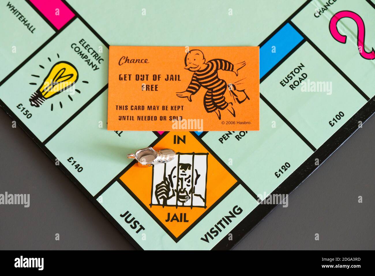 Una Chance uscire di Jail carta libera su un Pannello di monopolio accanto al pezzo da gioco del bagagliaio sul In Jail/semplicemente visitando piazza Foto Stock