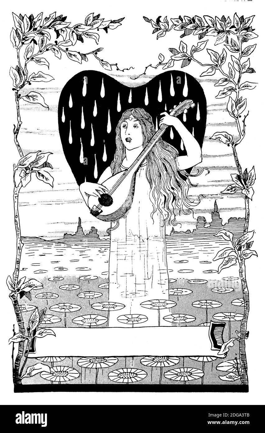 Il disegno della pagina del titolo del libro, donna che gioca il liuto, da J J Houry di Bristol da 1896 lo studio un giornale illustrato di fine e di arte applicata Foto Stock