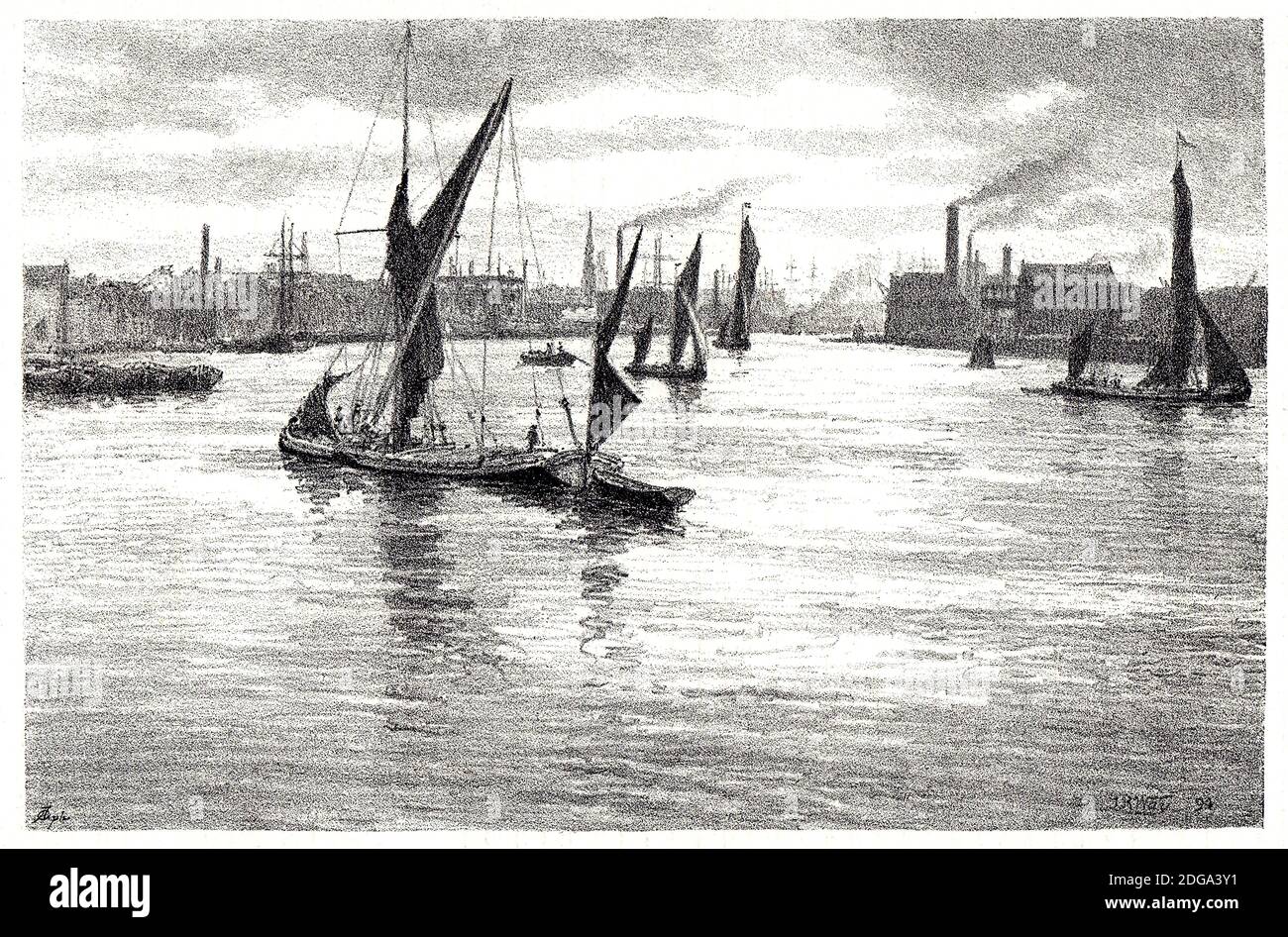 Autolitografie del Lower Thames, The Lower Pool, di Thomas Robert Way dal 1896 The Studio An Illustrated Magazine of fine and Applied Art Foto Stock