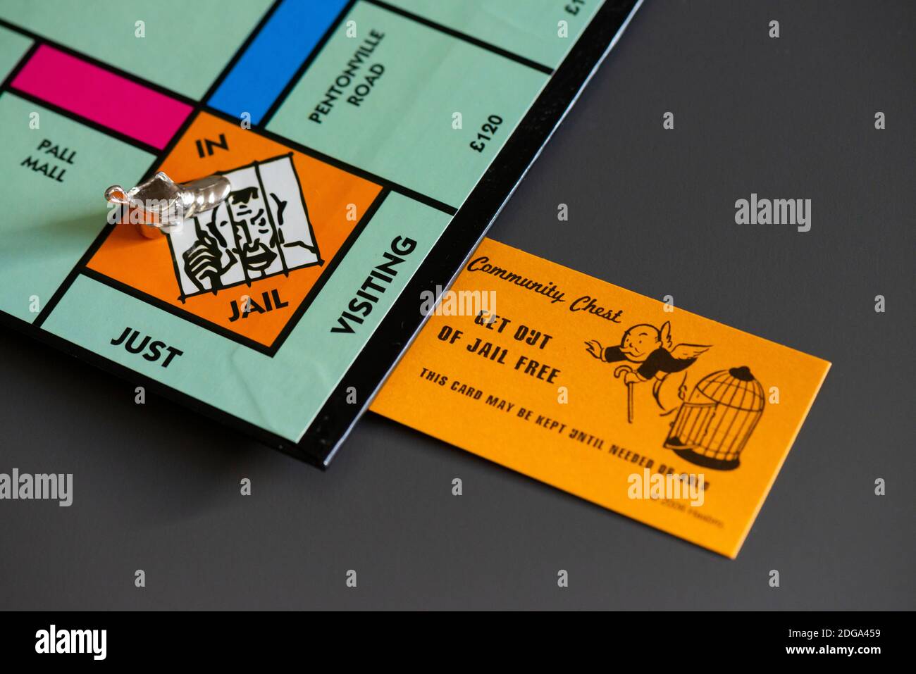 Una Comunità di monopolio Chest uscire di Jail carta libera Accanto al pezzo da gioco del boot sul in Jail/Just Piazza di visita Foto Stock