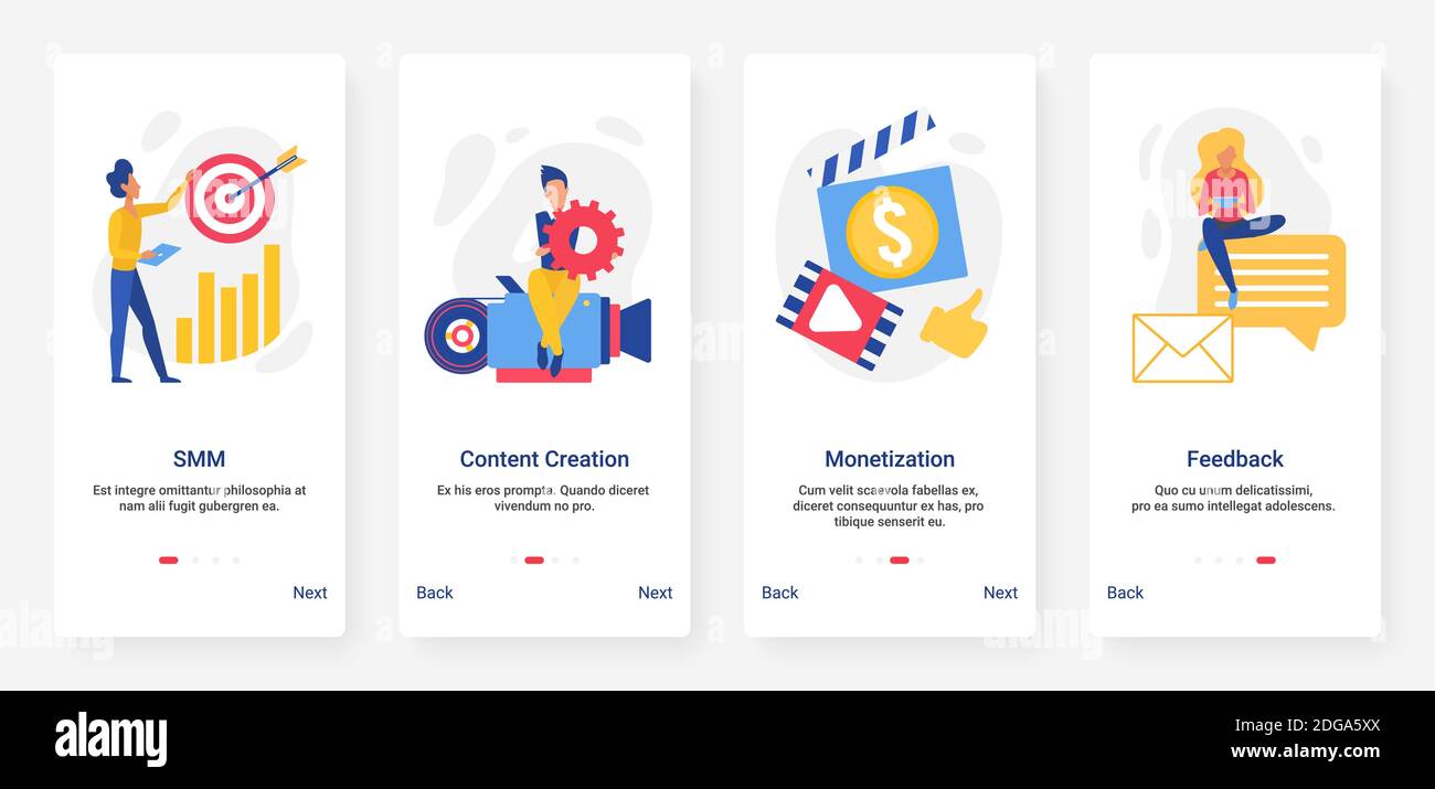 Social media marketing, target smm clienti, monetizzazione di contenuti creativi illustrazione vettoriale. Mobile app page onboard screen set con cartoon flat marketer persone lavorano per lo sviluppo aziendale Illustrazione Vettoriale