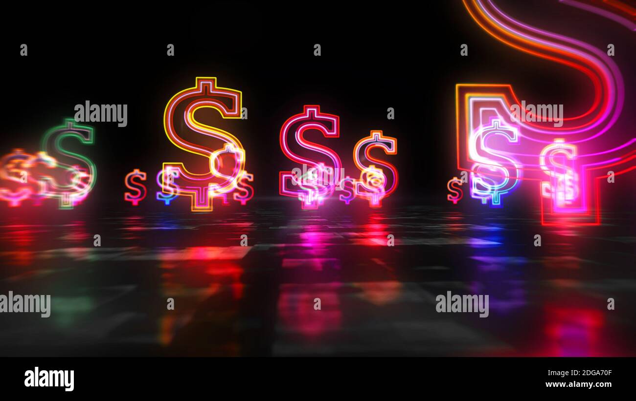 Simbolo del dollaro, icona del neon del denaro, concetto di loop del segno di contanti. Illustrazione del rendering 3d astratto futuristico. Foto Stock