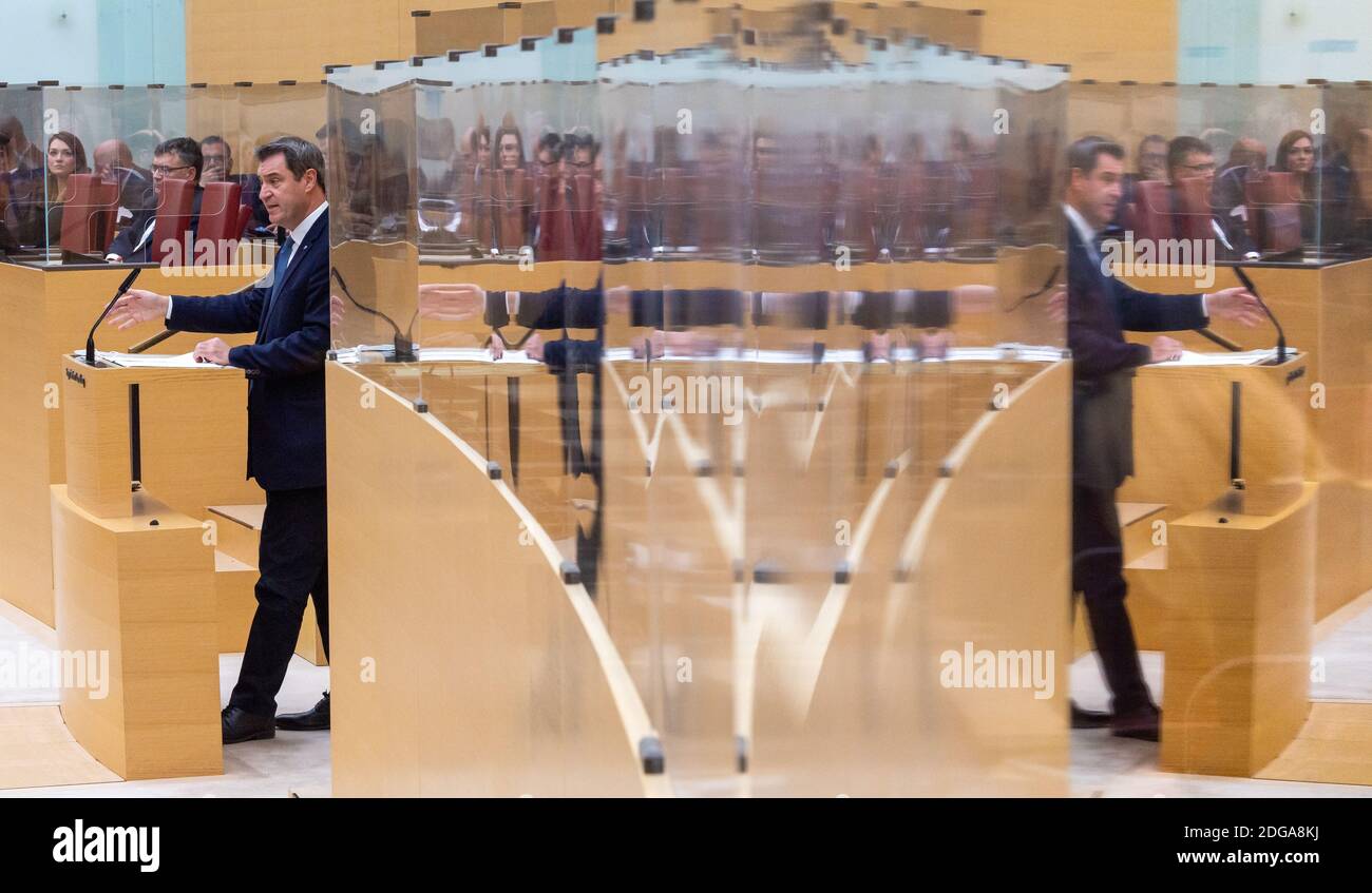 Monaco, Germania. 8 dicembre 2020. Markus Söder (CSU), Ministro Presidente della Baviera, fa la sua dichiarazione di governo durante la sessione del parlamento bavarese. Credit: Peter Kneffel/dpa/Alamy Live News Foto Stock