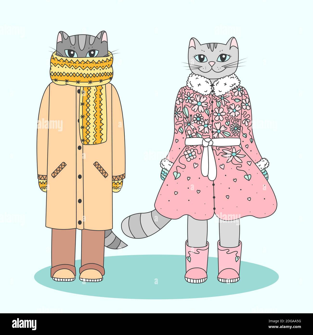 Gatti invernali umanizzati. Due simpatici kitties cartoon vestiti con abiti caldi. Illustrazione vettoriale con colori di contorno Illustrazione Vettoriale