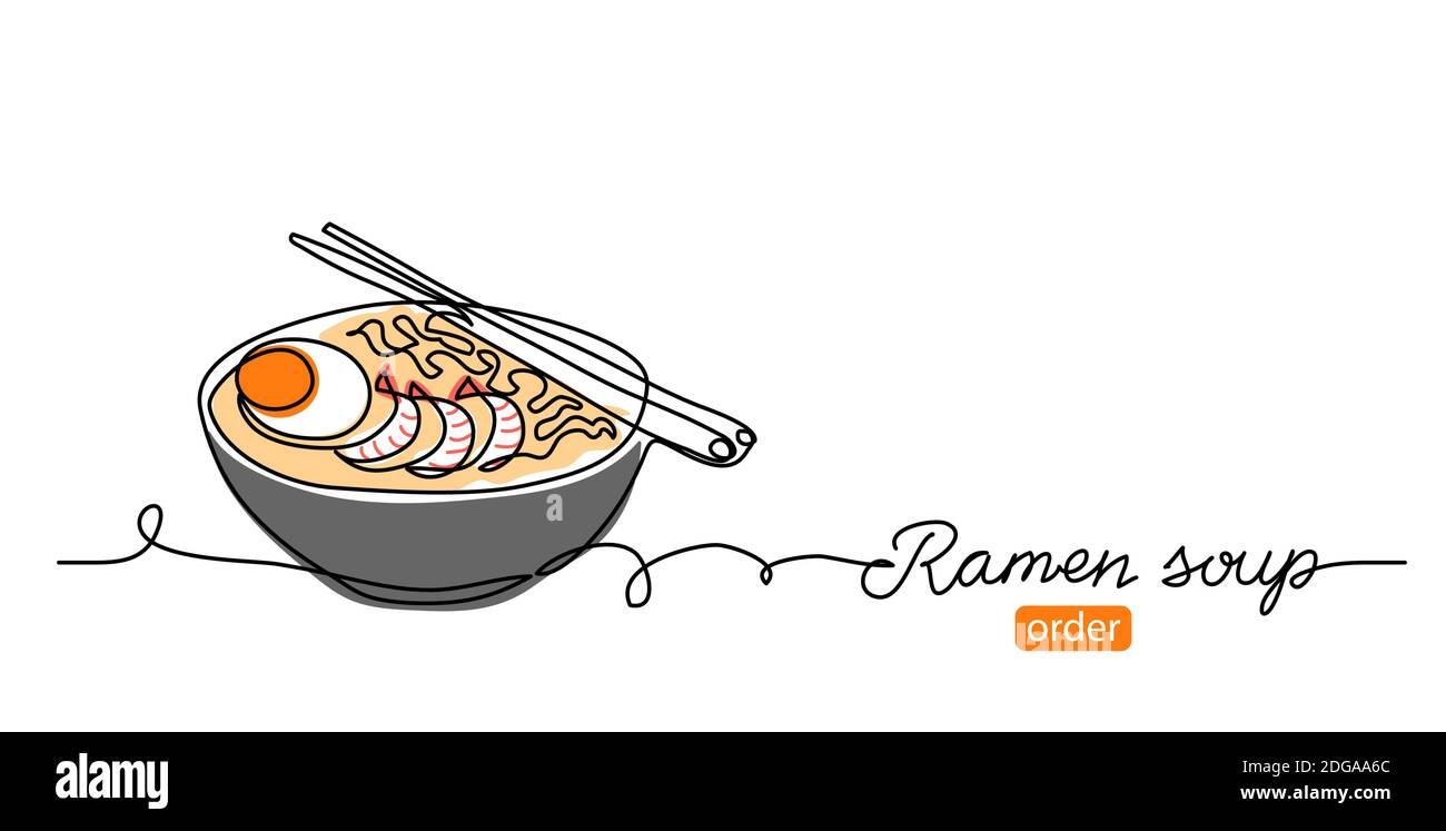Ramen zuppa noodles vetector banner, sfondo. Un banner di disegno a linea continua con testo zuppa Ramen per ordine, consegna Illustrazione Vettoriale