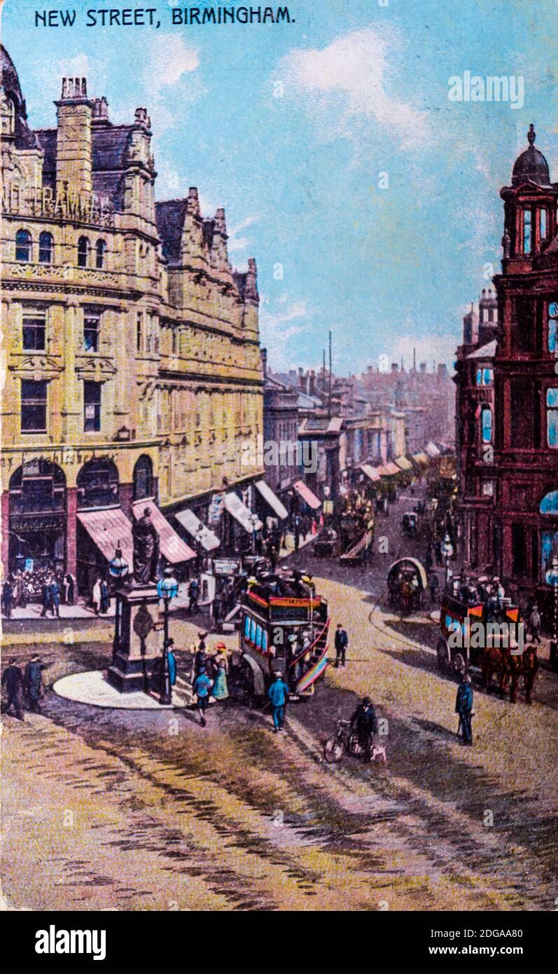 New Street, Birningham, cartolina vintage circa 1905 colore illustrato Foto Stock