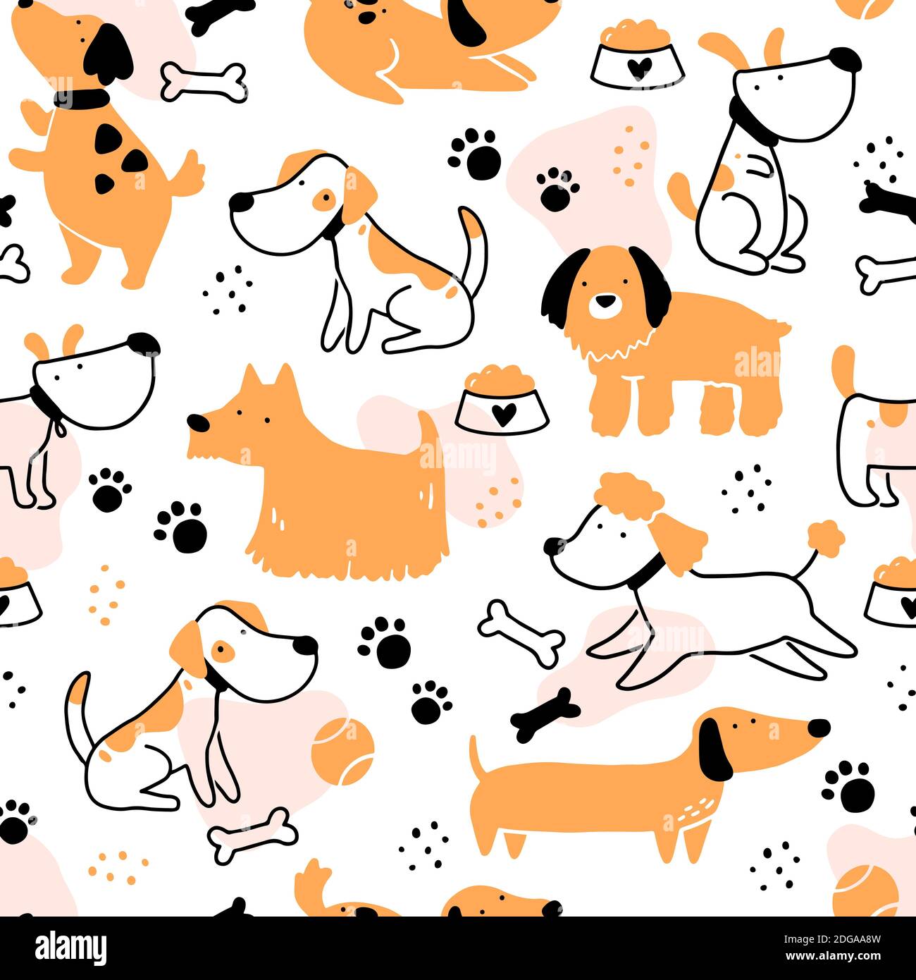 Modello senza cuciture di cute cucciolo di cane. Cartone animato divertente e felice personaggio cane con stile semplice forma. Illustrazione per sfondo, carta da parati, tessuto, tessuto. Illustrazione Vettoriale