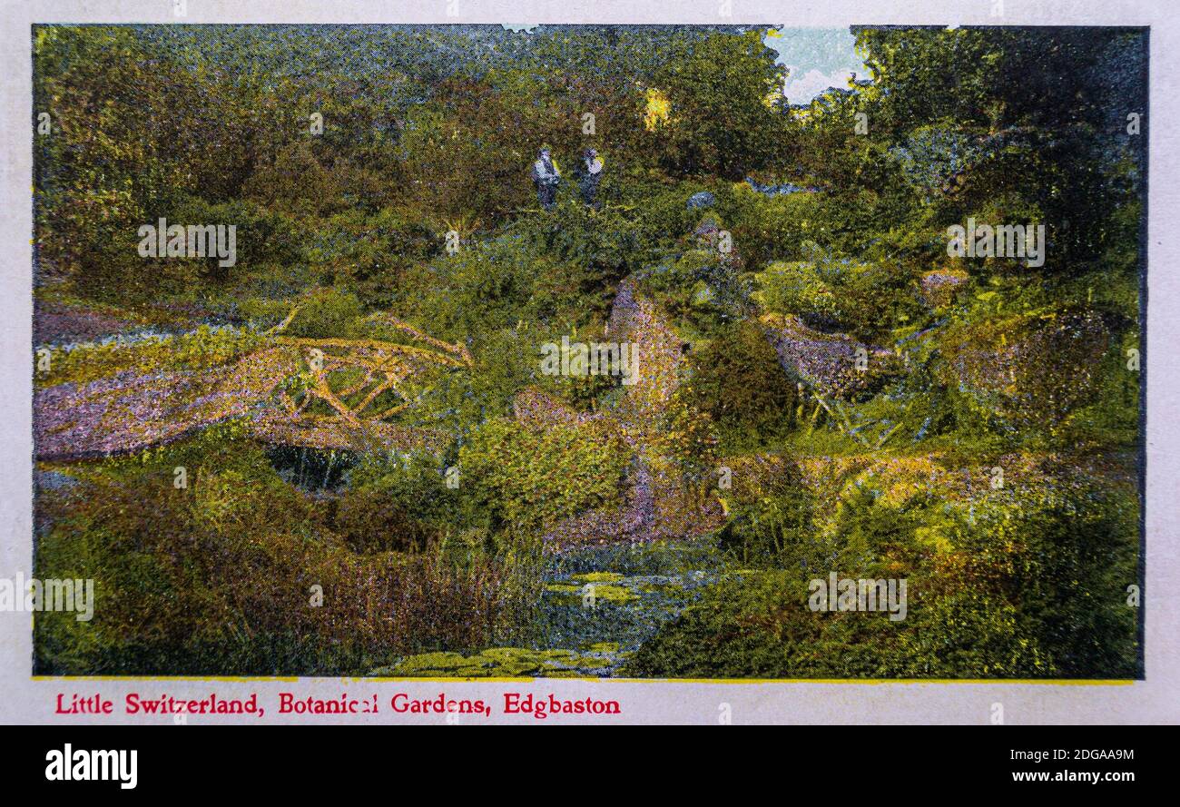 Piccola Svizzera, Giardini Botanici, cartolina fotografica di Edgbaston illustrata. Cartolina d'epoca dei giardini botanici di Birmingham Foto Stock
