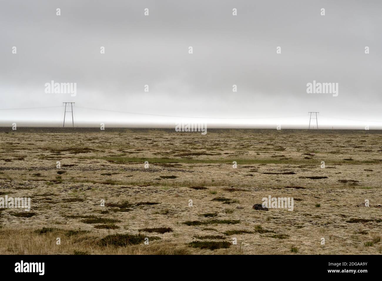 Il piatto sterile coperte di muschio dilavamento glaciale paesaggio di pianura a sud dell'Islanda Foto Stock