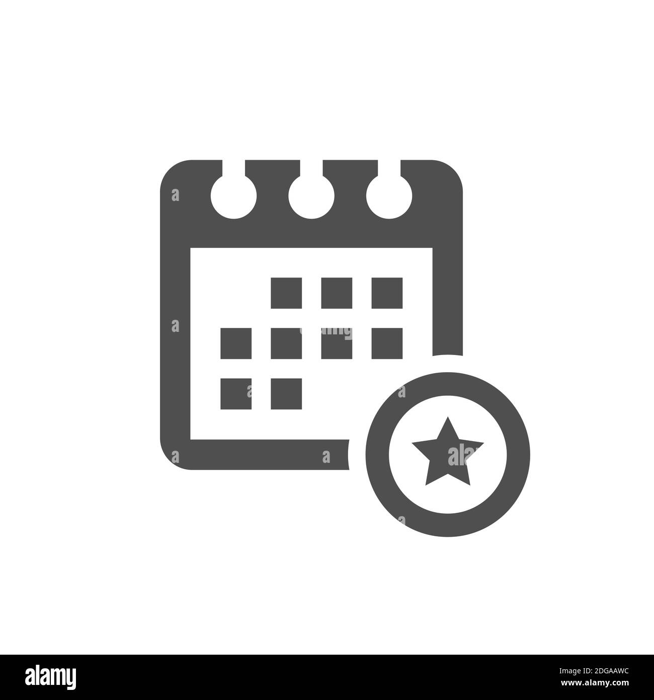 Pagina del calendario con icona a stella. Glifo vettoriale nero. Illustrazione Vettoriale