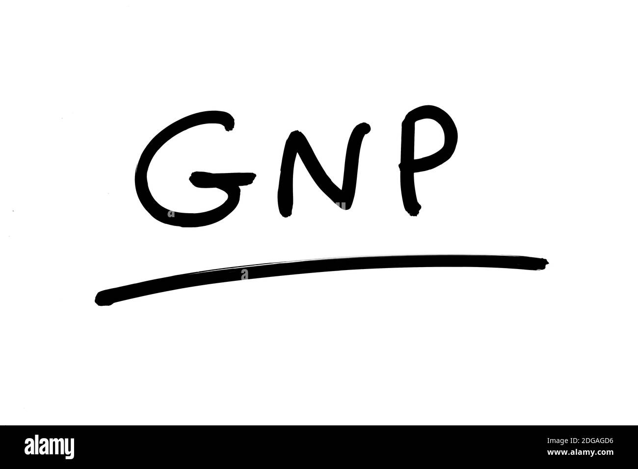 L'abbreviazione PNL, che significa prodotto nazionale lordo, scritta a mano su sfondo bianco. Foto Stock