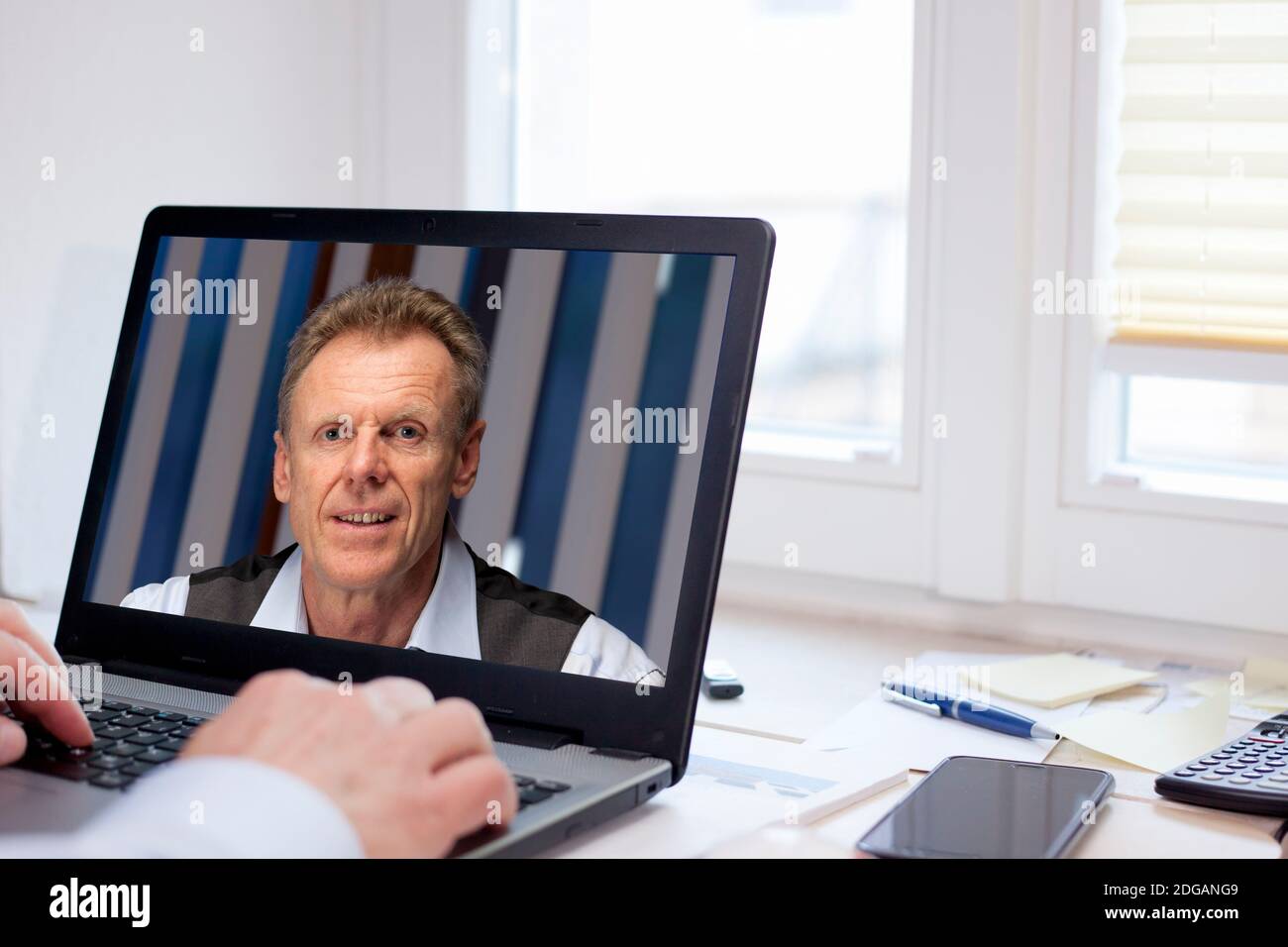 Due uomini d'affari che parlano online in una riunione d'affari via video chiamata - consente di mettere a fuoco lo schermo Foto Stock