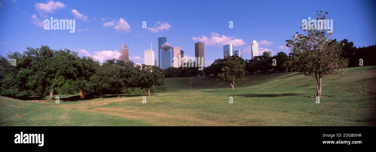 Skyline del centro, vista da un parco, Houston, Texas, Stati Uniti Foto Stock