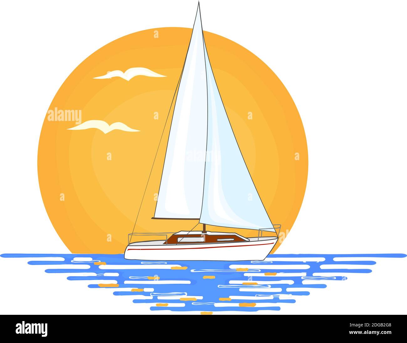 Barca a vela bianca con striscia rossa sul suo lato posto sulla superficie dell'acqua. Sole arancione e uccelli volanti sullo sfondo. Immagine isolata su bianco ba Illustrazione Vettoriale