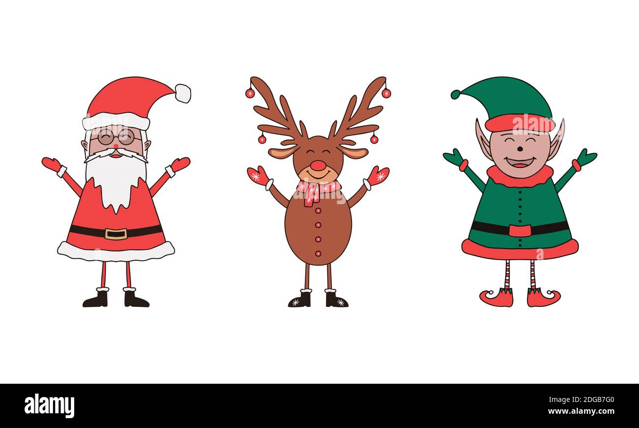 Set di personaggi natalizi, Babbo Natale, Elfo e cervo su sfondo bianco. Illustrazione Vettoriale
