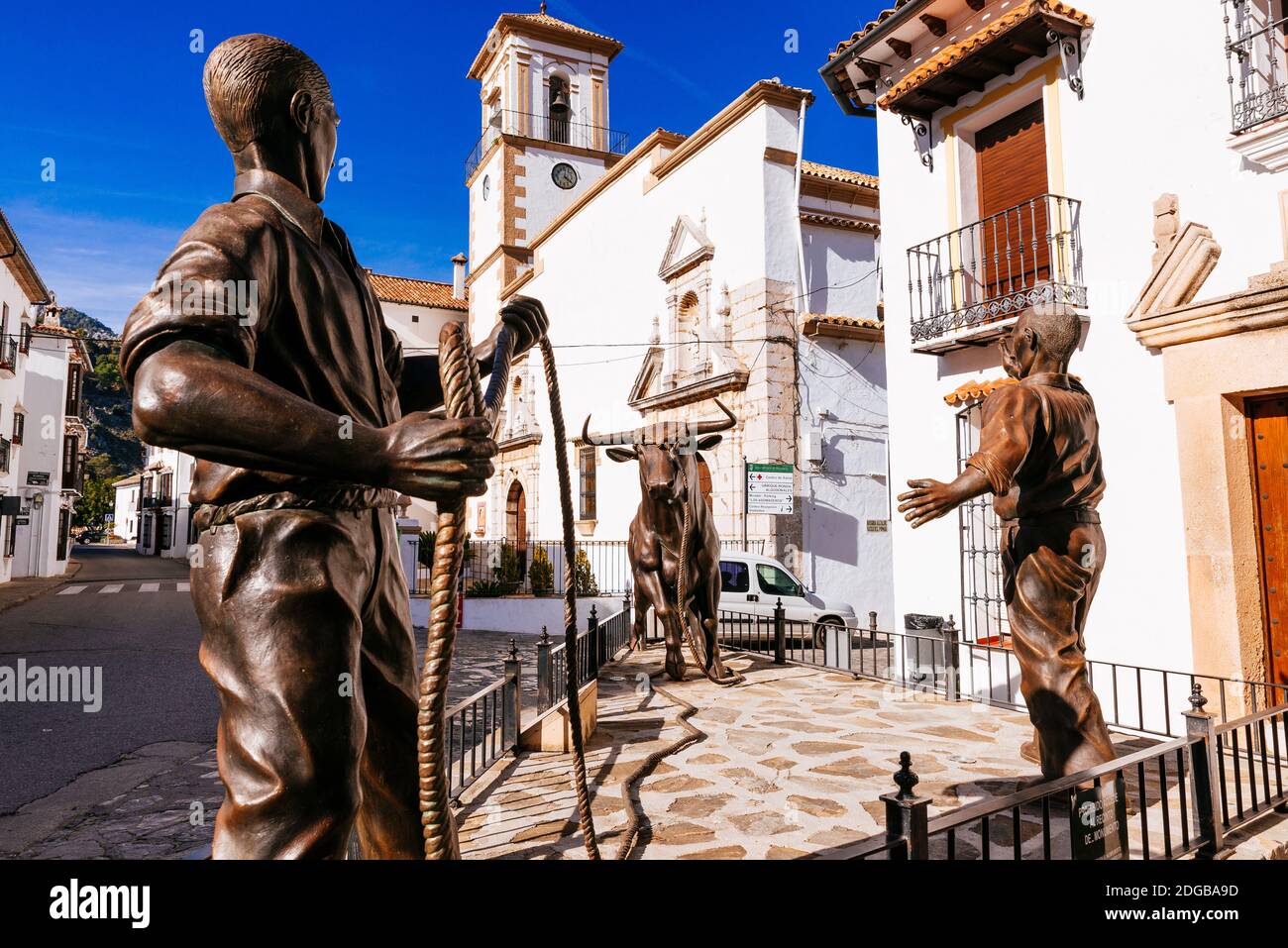 Un monumento alle tradizioni locali a Grazalema. 'Lunes de El Toro de Cuerda' questo evento coinvolge un toro da combattimento con una lunga corda legata ai suoi corni e t Foto Stock