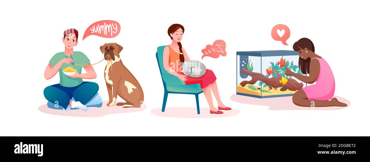 Personaggi proprietari di cartoni animati che nutrono, abbracciano e comunicano con cane, gatto, pappagallo e pesci, migliori amici animali isolati su bianco. La gente ama e. Illustrazione Vettoriale