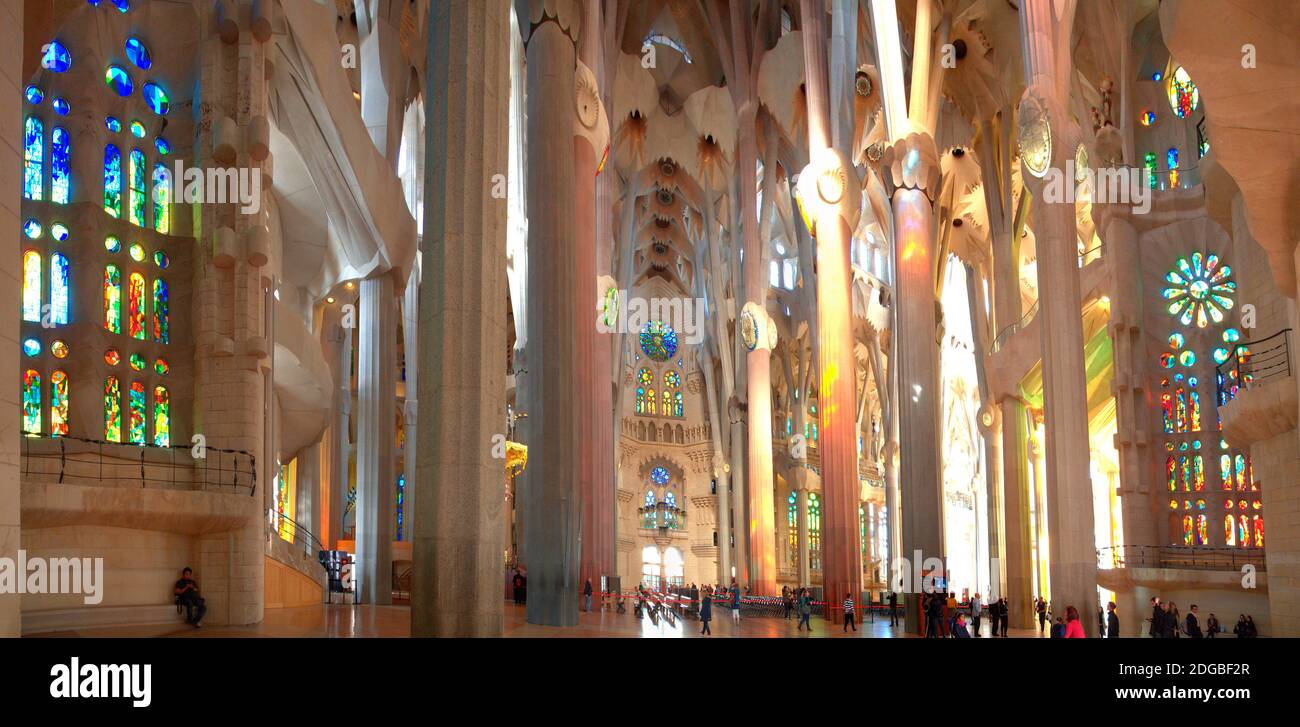 Interni della Sagrada Familia, Barcellona, Catalogna, Spagna Foto Stock