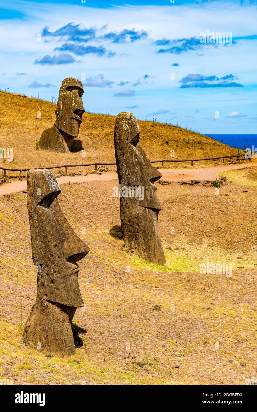 Moai a Rano Raraku sull'Isola di Pasqua Foto Stock