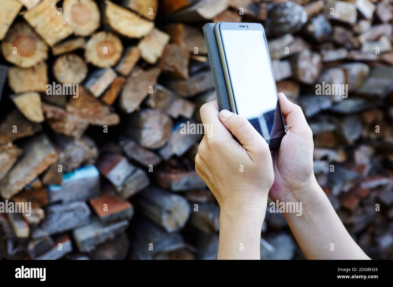 Primo piano delle mani delle donne che tengono il telefono delle cellule. Spazio di copia per il tuo SMS pubblicitario o contenuti promozionali Foto Stock
