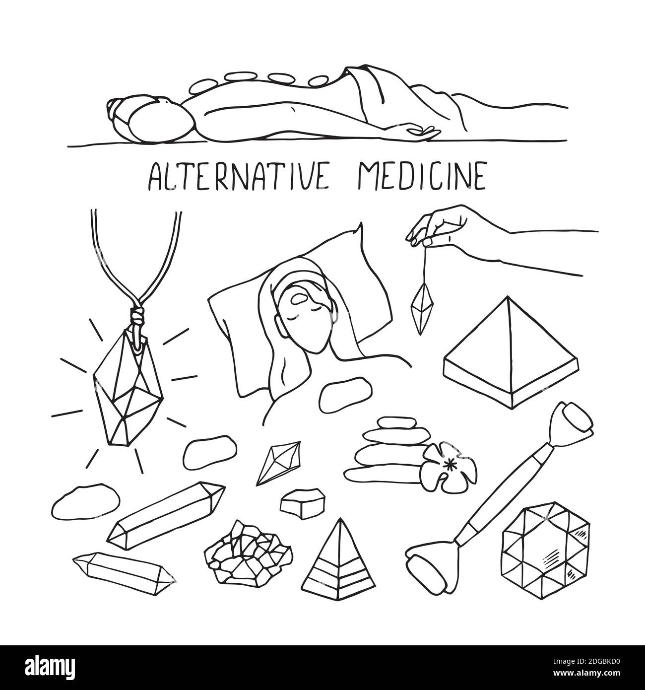 Una serie di doodles sul tema della medicina alternativa. Disegno a mano. Illustrazione Vettoriale