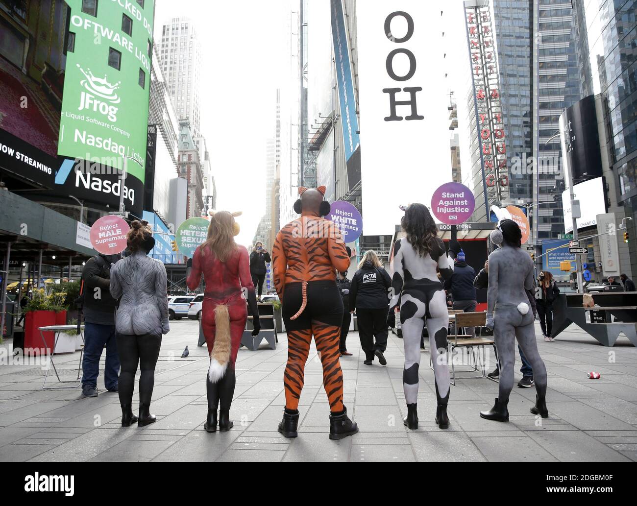 New York, Stati Uniti. 8 dicembre 2020. I manifestanti DI PETA che indossano la vernice del corpo per sembrare animali tengono in su i segni in Times Square a New York City martedì 8 dicembre 2020. I sostenitori DI PETA dipinsero come una mucca, un coniglio, una volpe, un'oca e una tigre riuniti in Times Square tenevano segni che annunciavano: "Rifiuto della supremazia BIANCA", "rifiuto della supremazia ETEROSESSUALE", "rifiuto della supremazia UMANA" e "rifiuto della supremazia MASCHILE". Foto di John Angelillo/UPI Credit: UPI/Alamy Live News Foto Stock