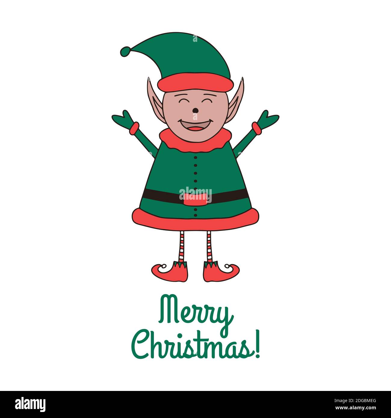 Biglietto d'auguri natalizio con cute Elf su sfondo bianco. Illustrazione Vettoriale