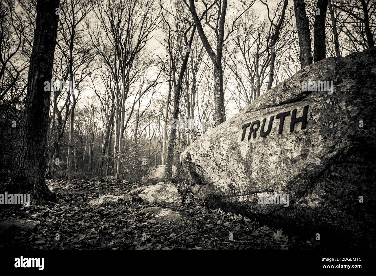 Dogtown scogli con la parola ispiratrice 'Truth', Gloucester, Cape Ann, Essex County, Massachusetts, Stati Uniti Foto Stock