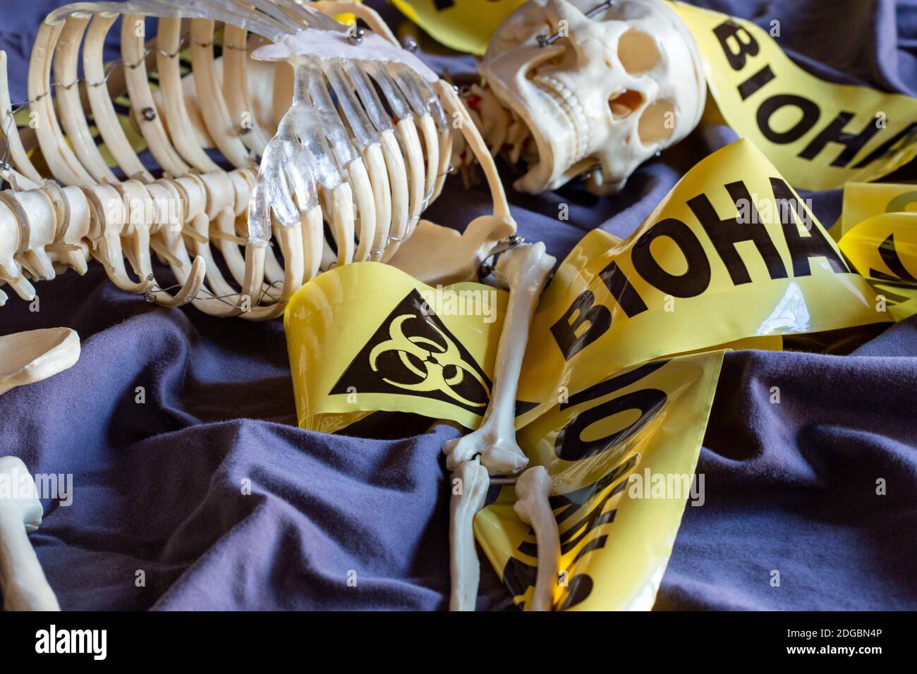 Resti umani coperti con nastro adesivo presso il sito di rischio biologico, USA Foto Stock