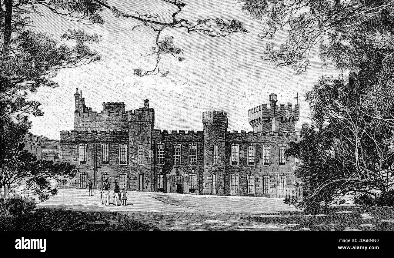 Una vista del tardo 19 ° secolo di Knowsley Hall, una maestosa casa vicino a Liverpool, Merseyside, Inghilterra e casa ancestrale della famiglia Stanley, i conti di Derby. Thomas Stanley fu premiato con il titolo di conte Derby nel 1485 da Enrico VII come premio per il suo sostegno alla Battaglia di Bosworth Field che portò Enrico ad ottenere la corona. Dieci anni più tardi, il re soggiornò a Knowsley, che era ancora una caccia nel 1702 il decimo conte sviluppò il Lodge in una grande casa con mura gotiche castellate. Foto Stock