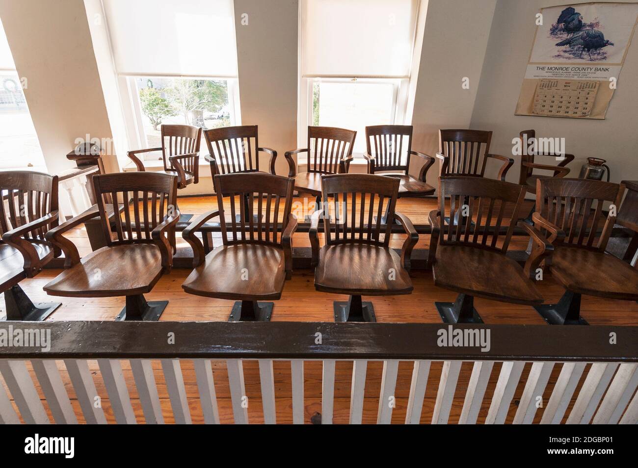 Casella della giuria nel tribunale della contea di Monroe Old, Monroeville, Monroe County, Alabama, USA Foto Stock