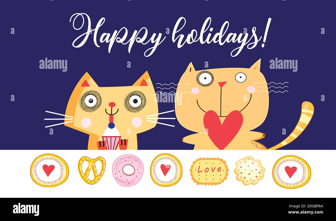 Carta vacanza con gatti divertenti su sfondo blu Illustrazione Vettoriale