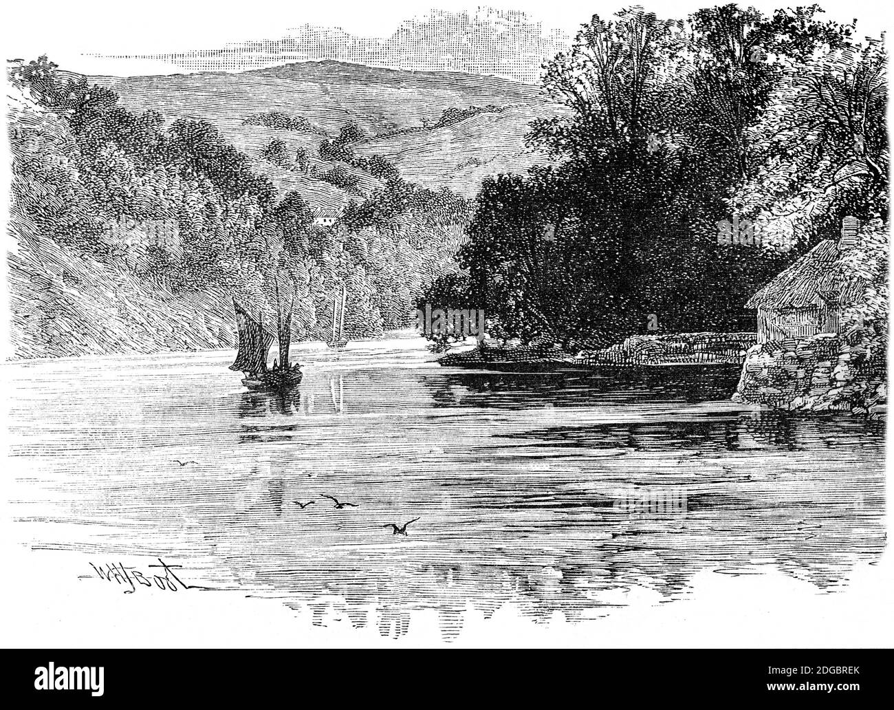 Una vista del 19 ° secolo delle barche a vela sul fiume Dart vicino Waynfleet a Devon, Inghilterra. Il fiume sorge in alto a Dartmoor e incontra il mare a Dartmouth. Foto Stock