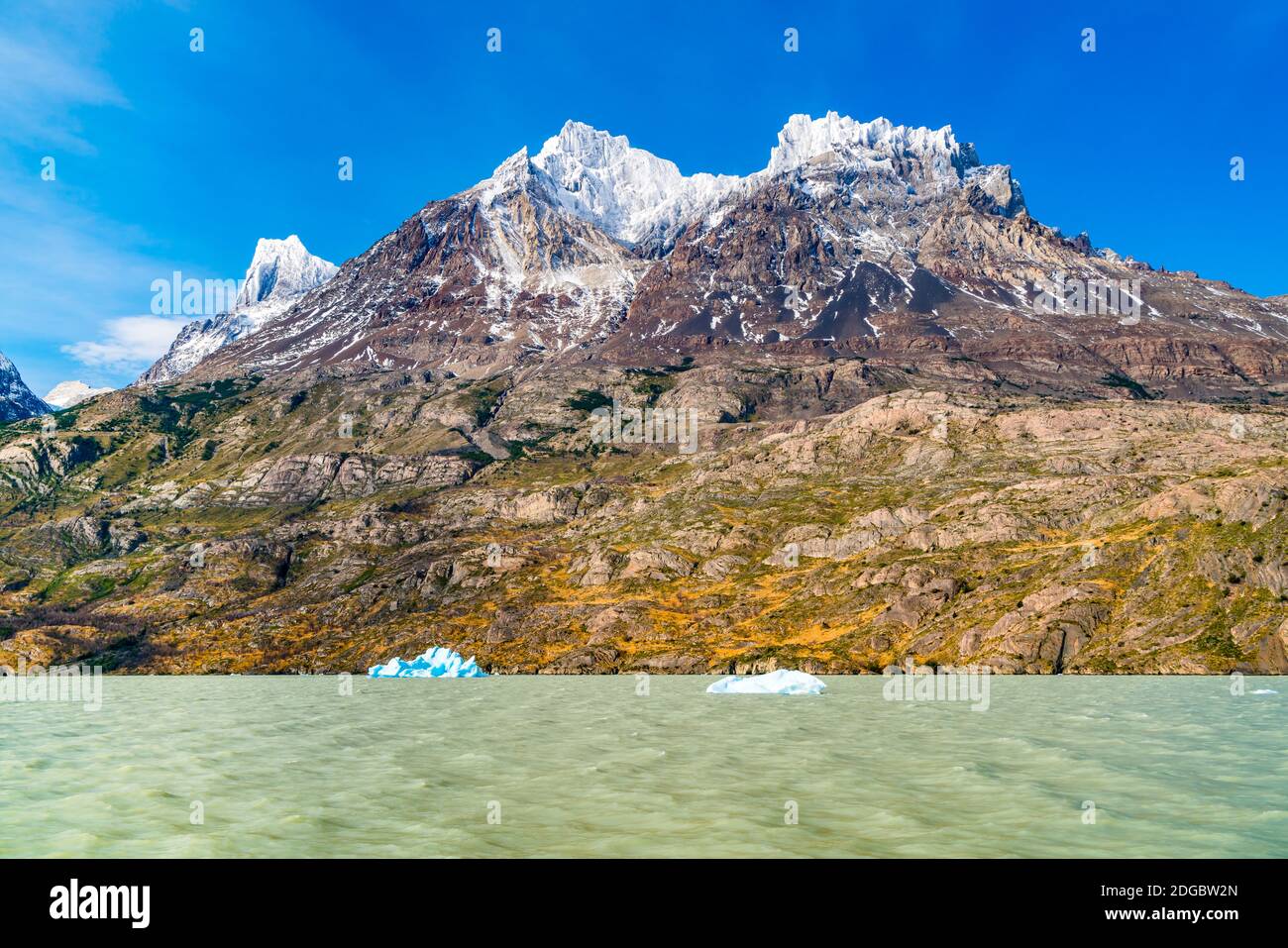 Vista della bellissima montagna innevata con Iceberg pausa Il Ghiacciaio Grey galleggia nel Grey Lake Foto Stock