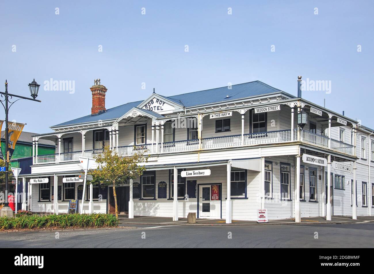 Centro storico di Rob Roy Hotel, Seddon Street, Waihi, Penisola di Coromandel, regione di Waikato, Isola del nord, Nuova Zelanda Foto Stock