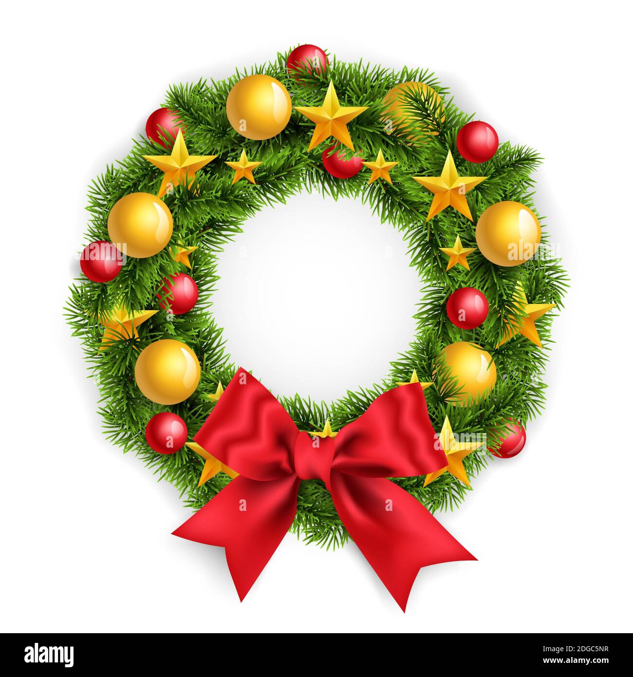 Corona di Natale realistica con un grande arco rosso e giocattoli di Capodanno. Corona decorata di rami di pino isolato su bianco, illustrazione vettoriale. Illustrazione Vettoriale