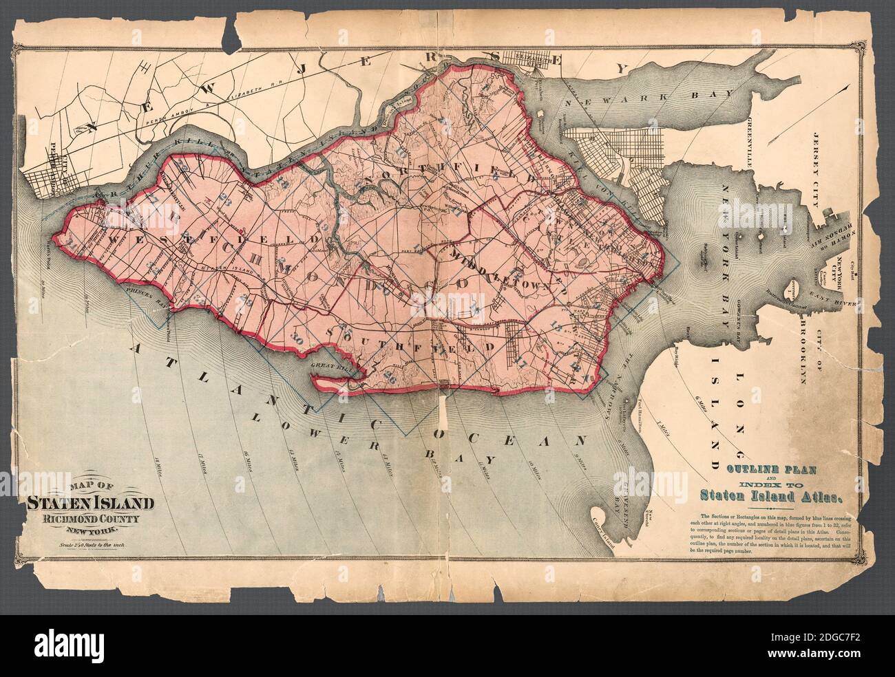 Mappa dell'isola di Staten 1874 riproduzione di una vecchia mappa usurata dell'isola di Staten. Foto Stock