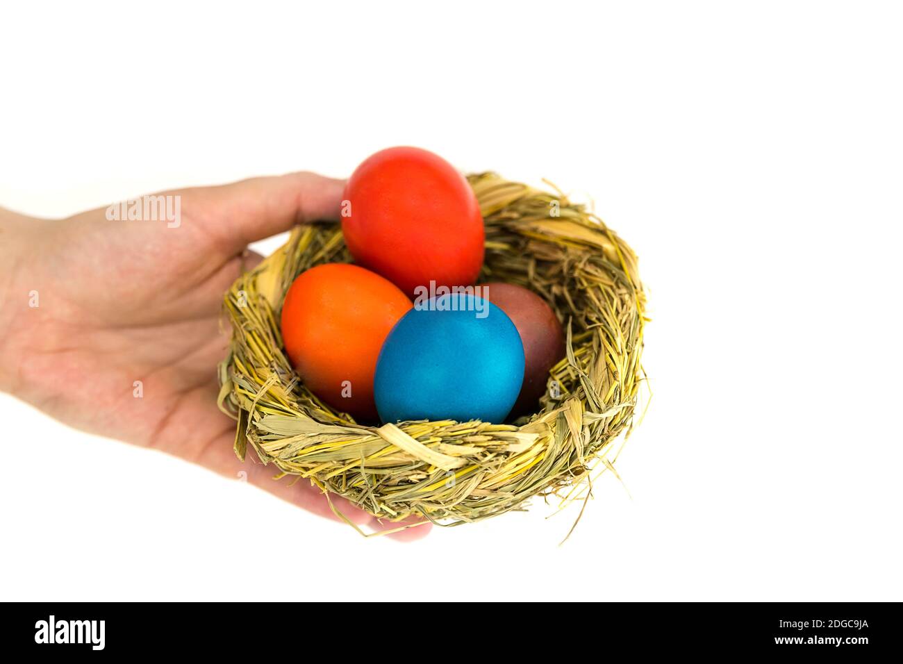 Mano che tiene un nido con uova luminose dipinto festa di Pasqua su sfondo bianco Foto Stock