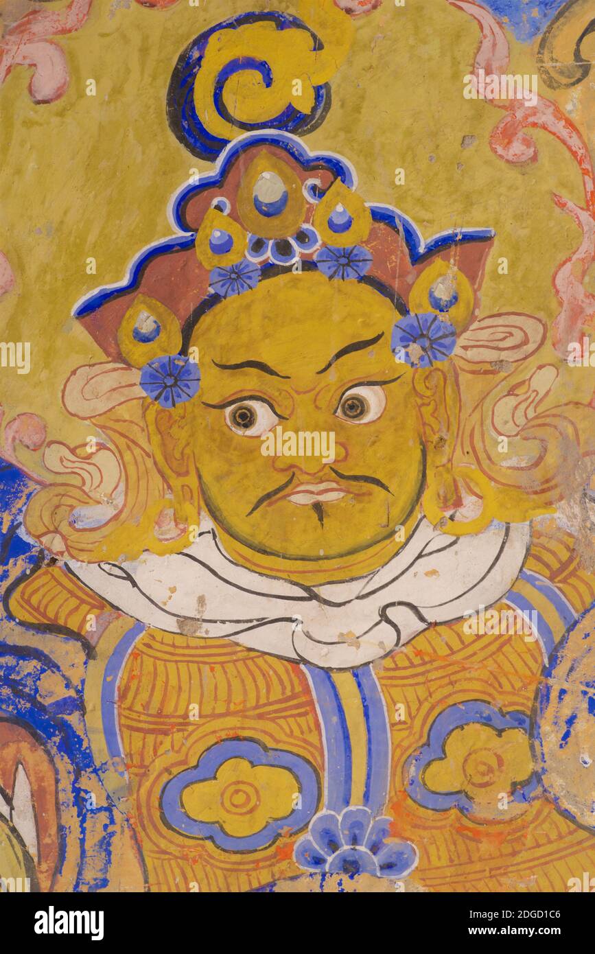 Vaishravana, Kubera . Quattro Re Celeste, quattro Re grandi, quattro Guardiani raffigurati in un murale al Monastero di Thikse, Thikse, Ladakh, Jammu e Kashmir, India Foto Stock