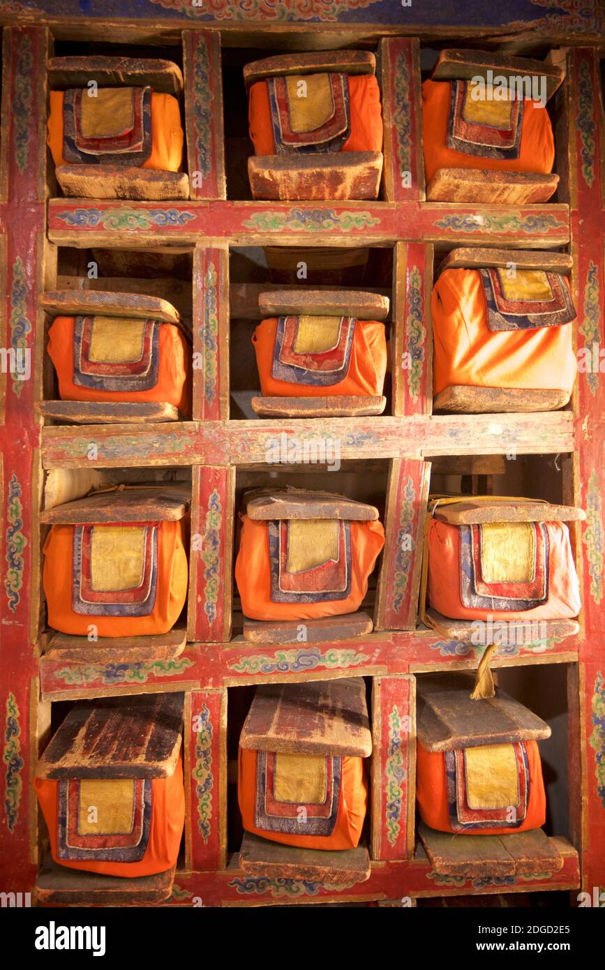 Manoscritti buddisti conservati in nicchie dedicate al monastero di Thikse, Thikse, Ladakh, Jammu e Kashmir, India Foto Stock