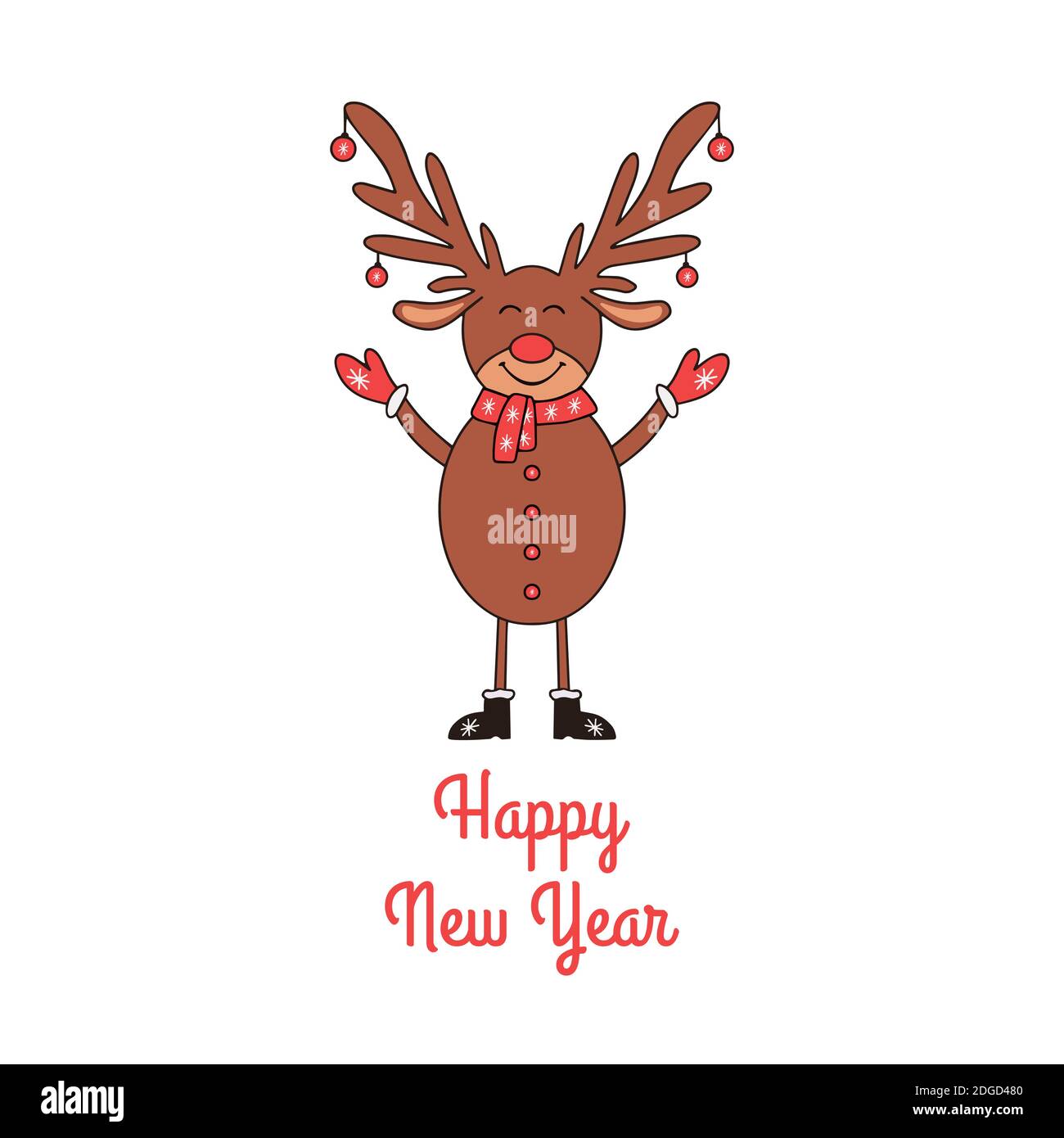 Felice biglietto di auguri di Capodanno con carino Deer su sfondo bianco. Illustrazione Vettoriale